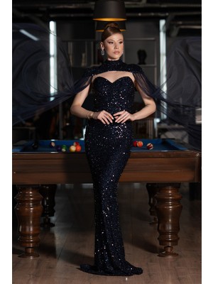 Tül Pelerinli Straplez Uzun Pullu Abiye ABU4910