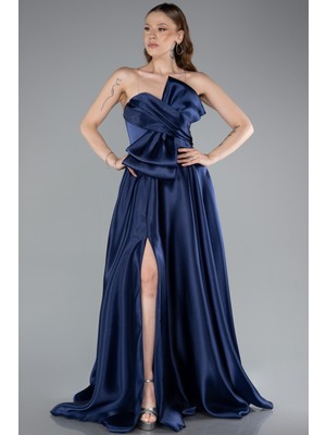 Straplez Bacak Dekolteli Uzun Saten Abiye Elbise ABU4975