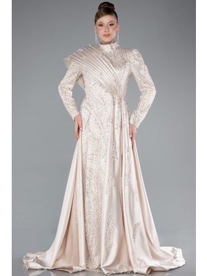 Taşlı Dik Yaka Uzun Kol Saten Kuyruklu Tesettür Abiye ABU4932