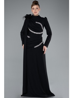 Dik Yaka Uzun Kol Şallı Tesettür Abiye ABU4934