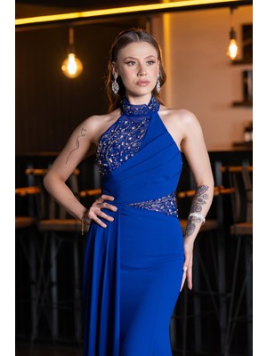 Taşlı Halter Yaka Kuyruklu Uzun Balık Abiye ABU4979