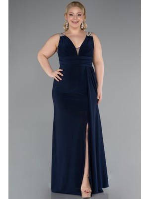 Kolsuz V Yaka Yırtmaçlı Uzun Büyük Beden Abiye ABU4968