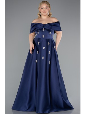 Kayık Yaka Taşlı Uzun Saten Büyük Beden Abiye ABU4998