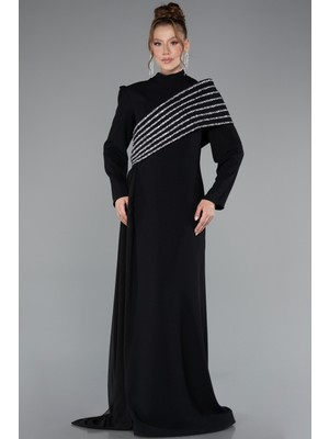 Uzun Kol Taşlı Kuyruk Aksesuarlı Tesettür Abiye ABU4976