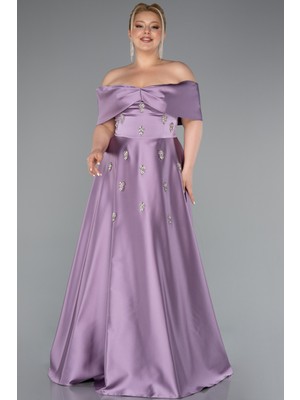 Kayık Yaka Taşlı Uzun Saten Büyük Beden Abiye ABU4998