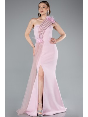 Tek Omuz Çiçek Aksesuarlı Yırtmaçlı Uzun Abiye ABU4969