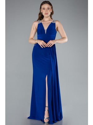 Kolsuz V Yaka Yırtmaçlı Uzun Abiye Elbise ABU4967