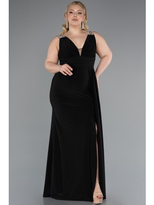 Kolsuz V Yaka Yırtmaçlı Uzun Büyük Beden Abiye ABU4968