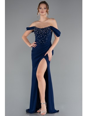 Taşlı Kayık Yaka Balen Korse Detay Yırtmaçlı Uzun Abiye ABU5016