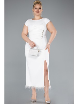 Kısa Kol Yırtmaçlı Midi Büyük Beden Davet Elbisesi ABK2340