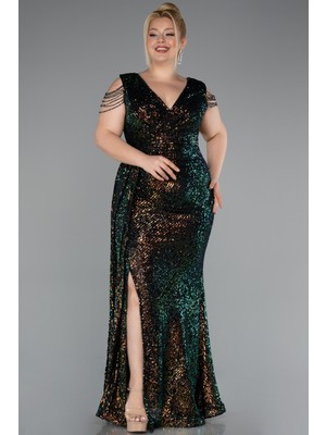 Boncuklu Yırtmaçlı Uzun Pullu Büyük Beden Abiye ABU4886