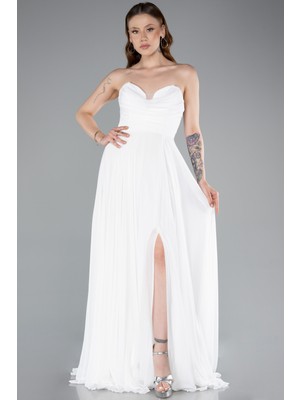 Straplez Bacak Dekolteli Uzun Şifon Mezuniyet Elbisesi ABU4966