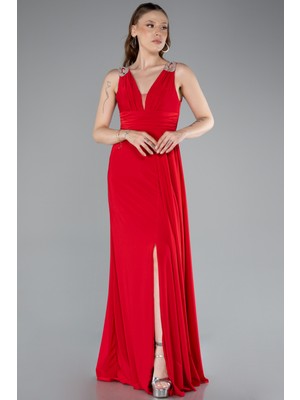 Kolsuz V Yaka Yırtmaçlı Uzun Abiye Elbise ABU4967