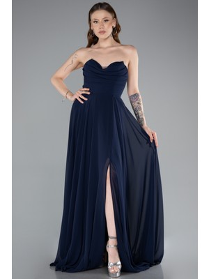 Straplez Bacak Dekolteli Uzun Şifon Mezuniyet Elbisesi ABU4966
