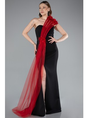 Tek Omuz Çiçek Aksesuarlı Yırtmaçlı Uzun Abiye ABU4969