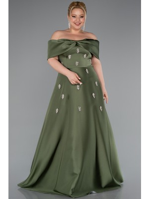 Kayık Yaka Taşlı Uzun Saten Büyük Beden Abiye ABU4998