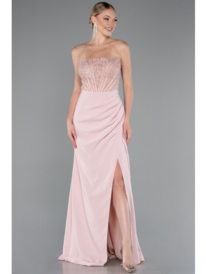 Straplez Güpür Aplikeli Yırtmaçlı Uzun Abiye Elbise ABU5001