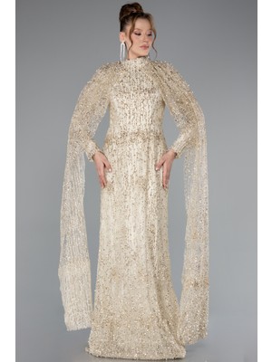 Abiyefon Uzun Kol Şallı Dik Yaka Pullu Tesettür Abiye ABU4993