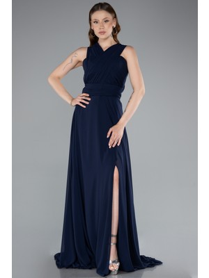 Bacak Dekolteli Uzun Şifon Mezuniyet Elbisesi ABU4965