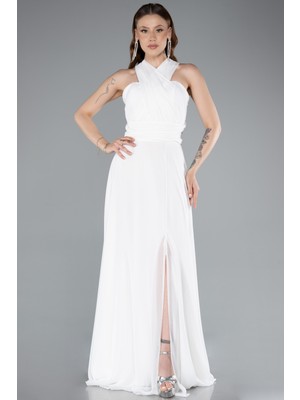 Bacak Dekolteli Uzun Şifon Mezuniyet Elbisesi ABU4965