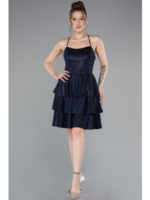 Askılı Katlı Etekli Simli Kısa Davet Elbisesi ABK2357