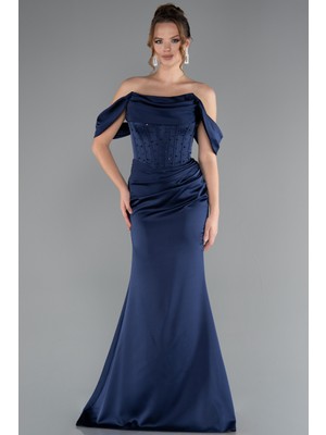 Kayık Yaka Taşlı Balen Korse Detay Uzun Saten Abiye ABU5017