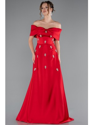 Kayık Yaka Taşlı Uzun Saten Abiye ABU5015