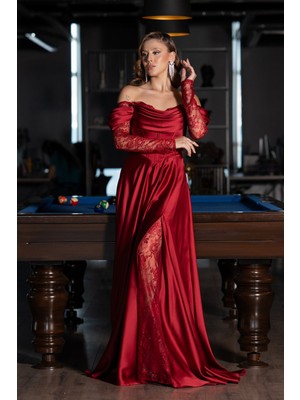 Dantel Uzun Kol Kayık Yaka Saten Abiye ABU5054