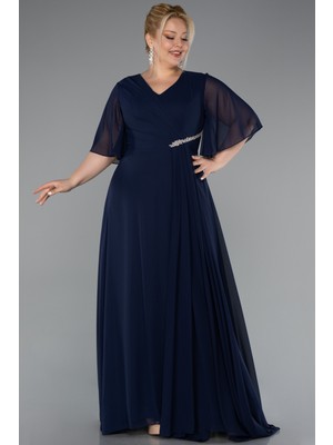 Kısa Kol V Yaka Uzun Şifon Büyük Beden Abiye ABU5051