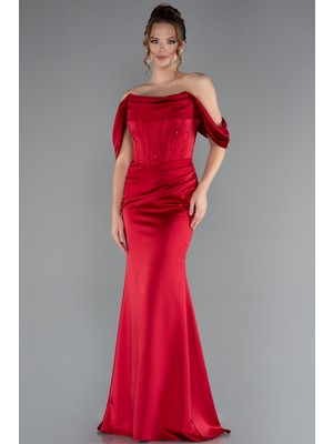 Kayık Yaka Taşlı Balen Korse Detay Uzun Saten Abiye ABU5017