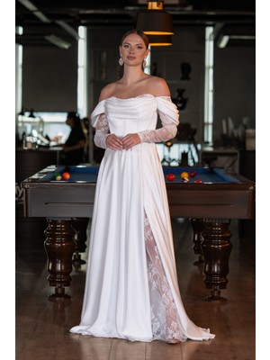 Dantel Uzun Kol Kayık Yaka Saten Abiye ABU5054