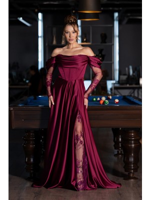 Dantel Uzun Kol Kayık Yaka Saten Abiye ABU5054