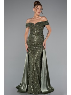 Kayık Yaka Kuyruklu Uzun Taşlı Özel Tasarım Abiye ABU5099