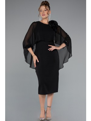 Pelerin Kapri Kol Midi Şifon Davet Elbisesi ABK2382