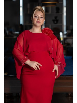 Kapri Kol Midi Şifon Büyük Beden Davet Elbisesi ABK2383