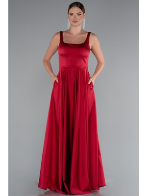 Askılı Kare Yaka Uzun Saten Mezuniyet Elbisesi ABU5059