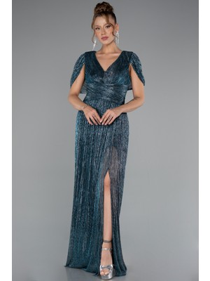 Kısa Kol Bacak Dekolteli Uzun Simli Abiye ABU5098