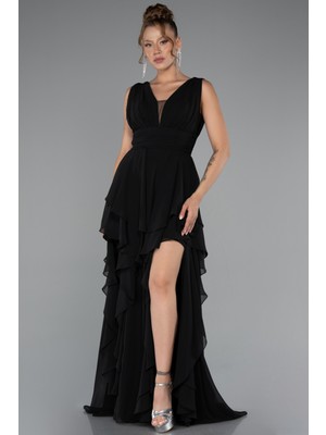 Kolsuz Yırtmaçlı Etekleri Katlı Uzun Şifon Abiye ABU5109