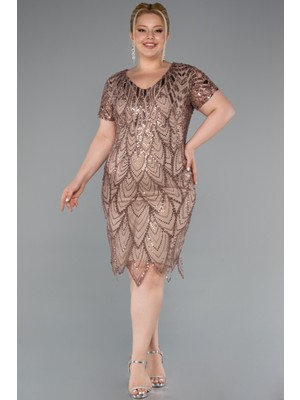 Kısa Kol V Yaka Taşlı Büyük Beden Davet Elbisesi ABK2380