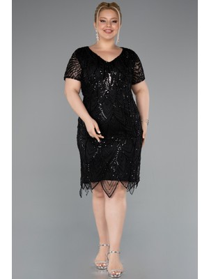 Kısa Kol V Yaka Taşlı Büyük Beden Davet Elbisesi ABK2380