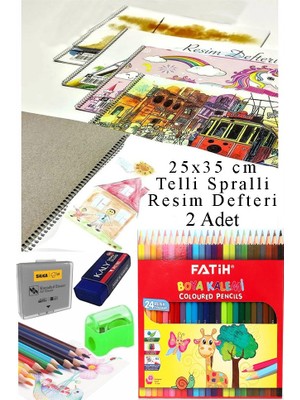 24 Renk Fatih Kuru Boya 25X35 cm Telli Spralli Resim Defteri Hamur Silgi Kalemtraş 15 Yaprak Resim Defteri Kuruboya