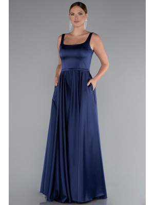 Askılı Kare Yaka Uzun Saten Mezuniyet Elbisesi ABU5059