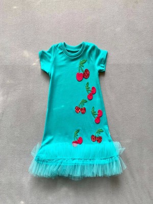 Sevimli Kiraz Nakışlı Turkuaz Kız Elbisesi