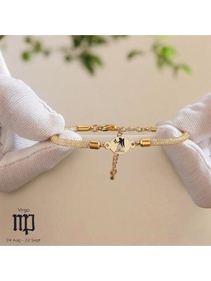 14 Ayar Altın Plakalı Başak Burçlarına Özel Hasır Kordonlu Oval Motifli Hediye BILEKLIK-415BURÇ