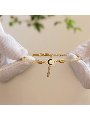 14 Ayar Altın Plakalı Ay Yıldız Temalı Oval Motifli Hasır Kordonlu Hediye BILEKLIK-415SEMBOL