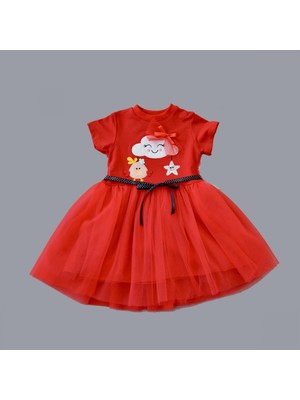 Sevimli Bulut ve Yıldız Nakışlı Kırmızı Elbise