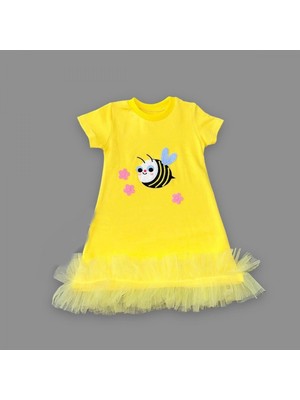 Şirin Arıcık Desenli Fırfırlı Kız Çocuk Elbisesi - Sarı