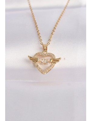 Bfs 316L Çelik Zincir Altın Renk Zirkon Taşlı Kanatlı Kalp Kolye