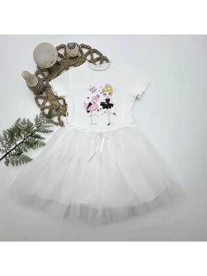 Flamingo Desenli Beyaz Tütü Elbise