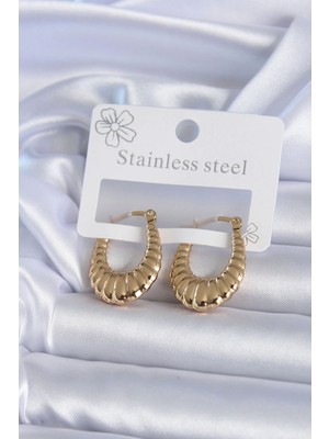 Bfs 316L Çelik Gold Renk Işlemeli Halka Model Kadın Küpe